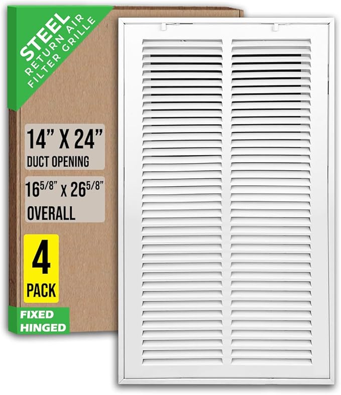 [4 Pack] Fits 14x24 Duct Opening | Steel Return Air Filter Grille by Handua [Fixed Hinged] Vent Cover Grill for Sidewall and Ceiling | White | Outer Dimensions: 16 5/8"W X 26 5/8"H
