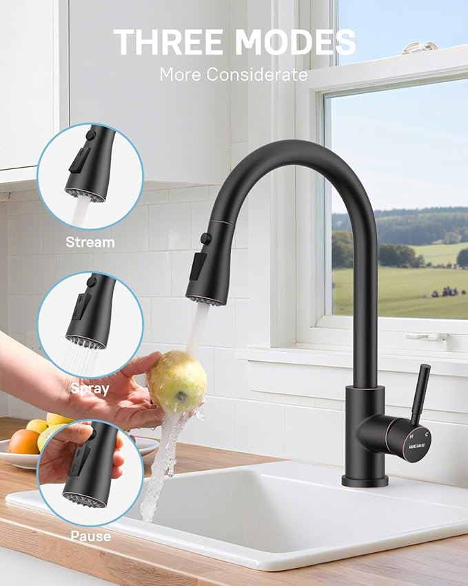 WEWE Kitchen Faucet with Pull Down Sprayer and Soap Dispenser, Oil Rubbed Bronze High Arc Single Handle Stainless Steel Sink Faucet, Suitable for Farmhouse, RV & Laundry
