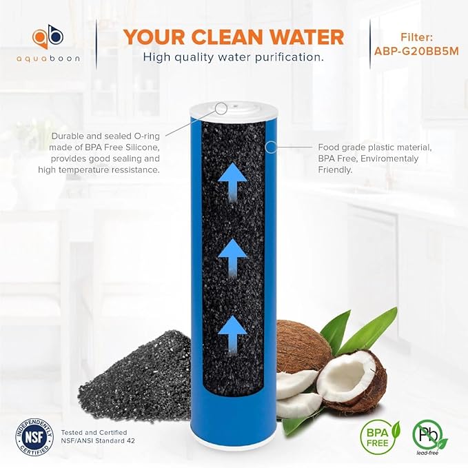 Aquaboon 5 Micron 20 x 4.5 Whole House Water Filter Replacement Cartridge Grabular Activated Carbon (GAG) for 1-Stage Water Filtration System 2 Pack
