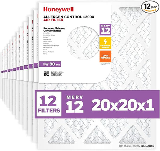 Honeywell 20x20x1 MERV 12 Electrostatic Pleated HVAC AC Furnace Air Filter (12-Pack) | Replacement Filter for Home Use | Made in USA
