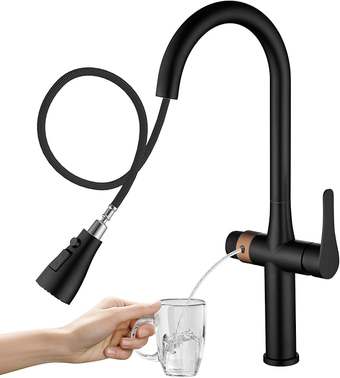 APPASO Black Kitchen Faucet with Water Filter, cUPC Certified Hoses, 3 Way Sink Faucets with Pull Down Sprayer 3 Modes, Single-Handle High Arch 3 in 1 Faucet, Without Water Filtration Device