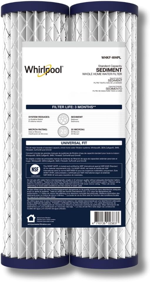 Whirlpool 10" x 2.5" Whole House Sediment Water Filters, WHKF-WHPL Pleated Filter, 20 Micron, NSF Certified Reduces Sand, Soil, Silt & Rust for Standard Filter Housings, 2-Pack