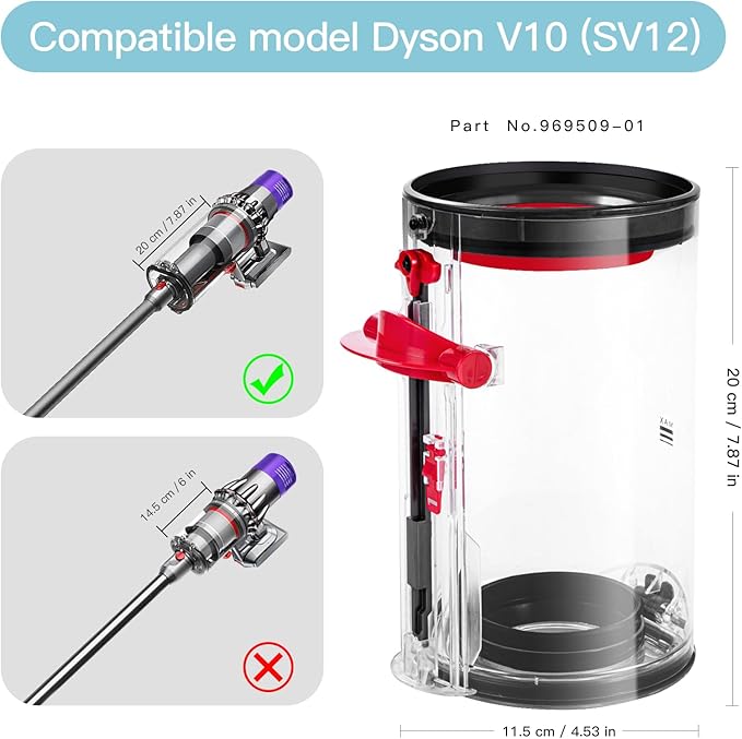 QINAN Upgraded Canister Replacement Parts Compatible With Dyson Cyclone V10 Animal,V10 Total Clean,V10 Absolute,V10 Animal,SV12 Vacuum Dust Bucket HEPA Filter attachments 969509-01, Blue/Grey