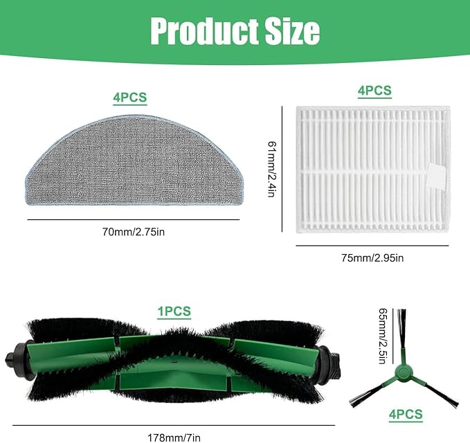 ANBOO Replacement Parts Compatible with iRobot Roomba Essential 105 Y0140 Y0110 Q0120 Q0520 Q011 Vacuum Cleaner, 1 Roller Brush, 4 Hepa Filters, 4 Side Brushes, 1 Cleaning Brush