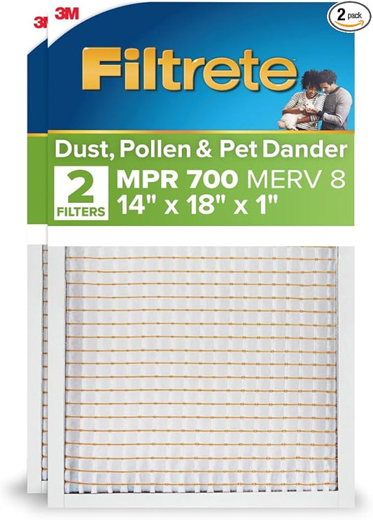 Filtrete 14x18x1 AC Furnace Air Filter, MPR 700, MERV 8, Tough on Pollen, Easy on Airflow, 3-Month Pleated 1-Inch Electrostatic Air Cleaning Filter, 2-Pack (Actual Size 13.81 x 17.81 x 0.81 in)