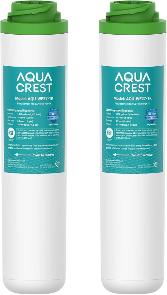 AQUA CREST FQK1K Under Sink Water Filter, Replacement for GE FQK1K, FQK2J, GXK185K and GX1S50R, NSF/ANSI 42 372 Certified, Reduces Chlorine, Taste&Odor, 1350 Gallons (Pack of 2)