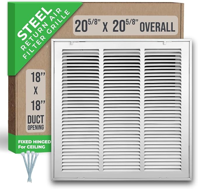 Fits 18x18 Duct Opening | Steel Return Air Filter Grille by Handua [Fixed Hinged] for 1-inch Filters | Vent Cover Grill for Sidewall and Ceiling | White | Outer Dimensions: 20 5/8"W X 20 5/8"H