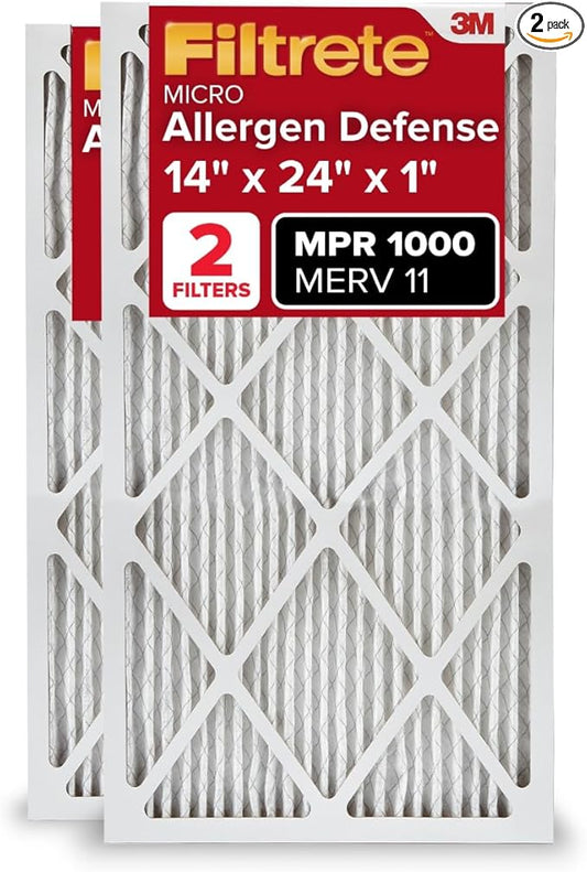 Filtrete 14x24x1 AC Furnace Air Filter MERV 11 MPR 1000 Micro Allergen Defense 3-Month Pleated 1-Inch Electrostatic Air Cleaning Filter 2 Pack (Actual Size 13.81 x 23.81 x 0.81 in)