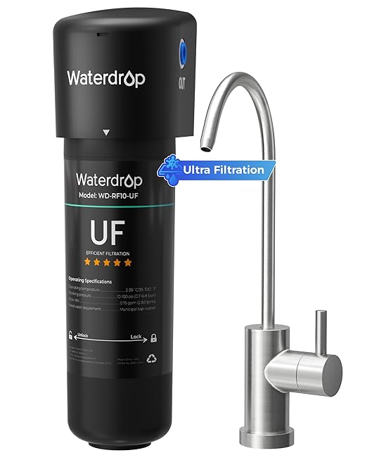 Waterdrop 10UB-UF 0.01 μm Ultra Filtration Under Sink Water Filter System, Reduces Lead, Chlorine, Bad Taste & Odor, 1 Year, with Dedicated Brushed Nickel Faucet, USA Tech