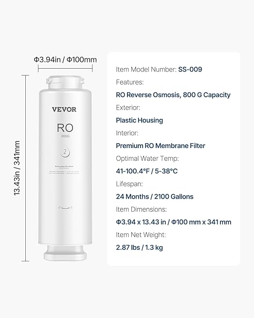 VEVOR Reverse Osmosis Filter, 11-stage Reverse Osmosis Water Filter Replacement, Compatible with SS-005 800 GPD Under Sink Water Filter, 24 Months RO Filter Cartridge, Reduces Lead & Chlorine, Rust
