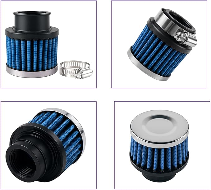 Car Air Intake Filter, 1" 25mm Inlet Valve Cold Air Intake Filter Cleaner with Adjustable Clamp, Hight Flow Performance Auto Crankcase Breather Filter Replacement, Universal Fit (Blue)