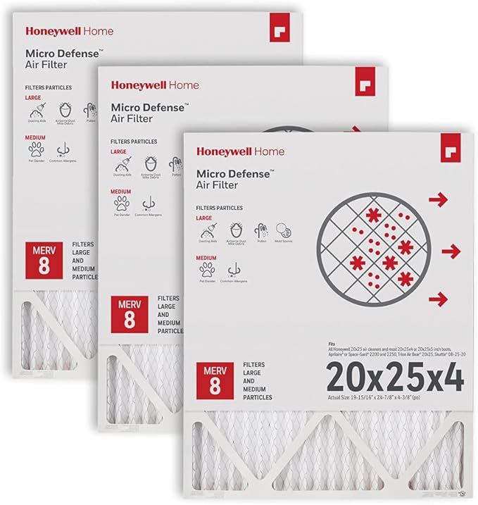 Honeywell Home 20x25x4 MERV 8, AC Furnace Air Filter, 3 PACK (CF100A1025-3PKAM) (Actual Dimensions: 19.94 x 24.87 x 4.38 in.)