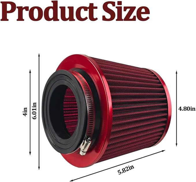 Car Clamp-On Air Intake Filter, 3 In 3.5 In 4 In Round Tapered Vehicle Cone Air Filters, High-Performance ＆ Washable Auto Replacement Intake Filtering Accessories, Universal Fit (Red)
