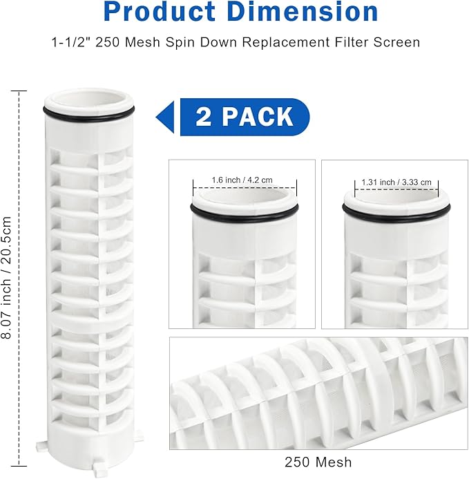 1-1/2" 250 Mesh Spin Down Sediment Replacement Rusco Filter Screen, Spin Down 1 1/2"-250 Sediment Filter Replacement for Rusco Vu Flow for Well Water and Sprinkler Irrigation Filters, 2 Pcs