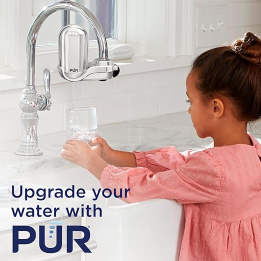PUR PLUS Vertical Faucet Mount Water Filtration System, Lead-Reducing Filter, Great-Tasting Water, Easy Install, Lasts 100 Gallons, Compatible with Sinks with External Aerators, Chrome