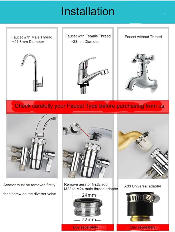 2 Way Kitchen Faucet Diverter Valve/Splitter with Female M22(≈22mm) Thread and 1/4 OD RO Tubing outlet for Counter water Filter