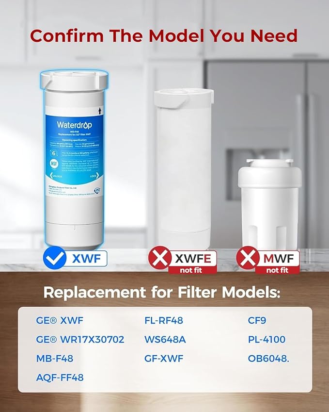 Waterdrop XWF (No-chip) Refrigerator Water Filter, Replacement for GE® WR17X30702, NSF 42/372 Certified, Compatible with GNE27, GFE26, GDE25, GSS25, PSE25 Series Refrigerators, 3-Pack (Not XWFE)
