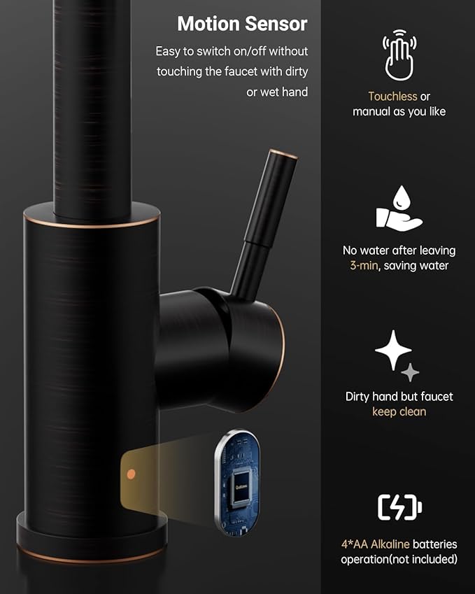 APPASO Touchless Kitchen Faucet, Oil Rubbed Bronze Sink Faucets with Soap Dispenser and Pull Down Sprayer 3 Modes, Activated Motion Sensor Hands Free with Deck Plate, High Arch