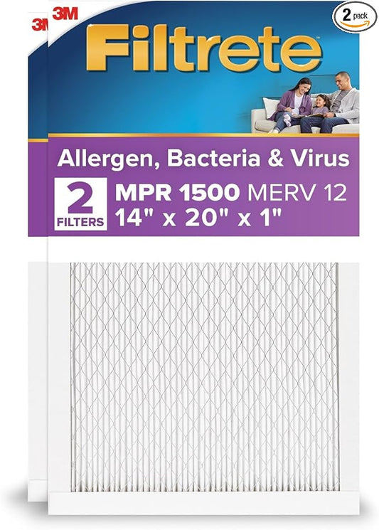 Filtrete 14x20x1 AC Furnace Air Filter, MERV 12, MPR 1500, CERTIFIED asthma & allergy friendly, 3 Month Pleated 1-Inch Electrostatic Air Cleaning Filter, 2-Pack (Actual Size 13.81x19.81x0.78 in)