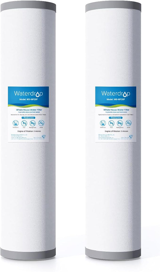 Waterdrop Whole House Water Filter, Carbon Filter, Reduce Iron & Manganese Filter Cartridge, Replacement for, Any 20" x 4.5" System, 5 Micron, 2 Pack