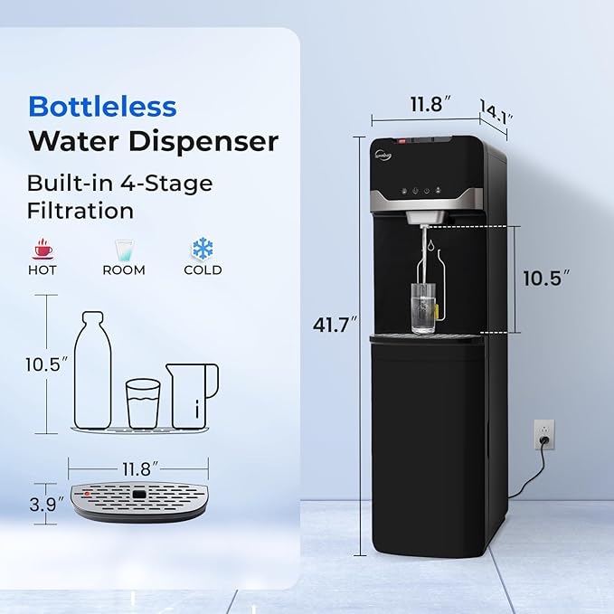 iSpring Bottleless Water Dispenser with 4-Stage Filtration, SGS-Tested 99% of PFAS Removal, Water Cooler Dispenser - Hot, Cold, Room Temp, Self Cleaning, Black, Model: DS4B-PF