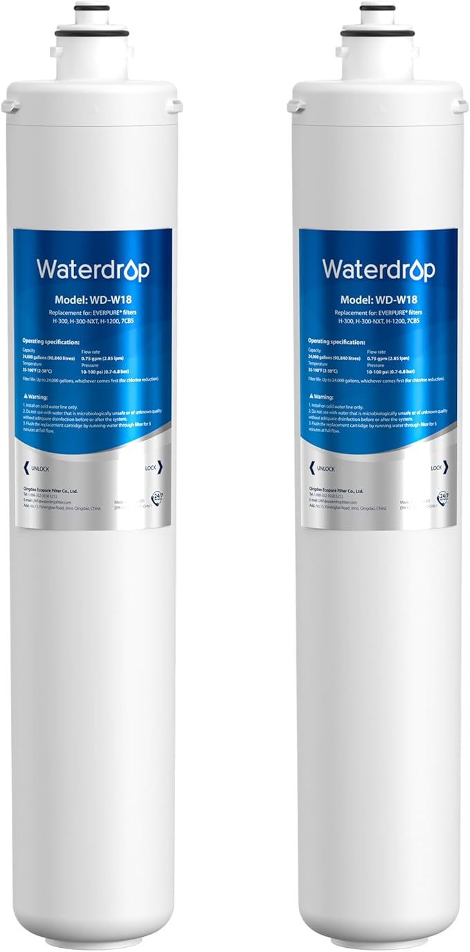 Waterdrop H-300 Under Sink Water Filter, Replacement Cartridge for Everpure H-300, H-300-NXT, 7CB5, EV9270-71, EV9270-72, EV9618-11, EV9855-50, EV9282-01, 24000 Gallons, Pack of 2