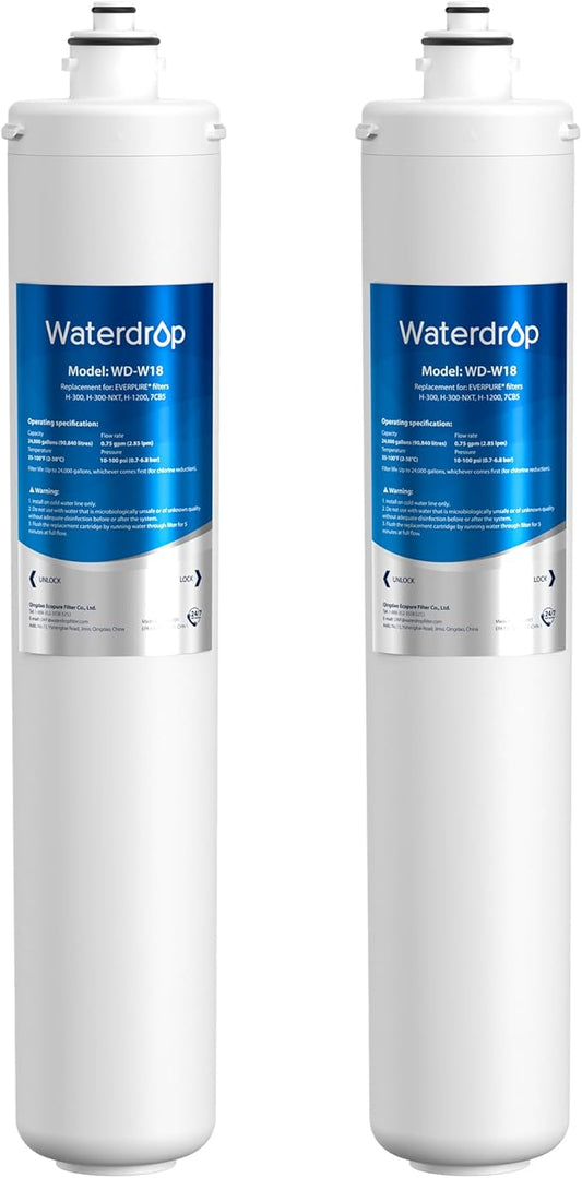 Waterdrop H-300 Under Sink Water Filter, Replacement Cartridge for Everpure H-300, H-300-NXT, 7CB5, EV9270-71, EV9270-72, EV9618-11, EV9855-50, EV9282-01, 24000 Gallons, Pack of 2