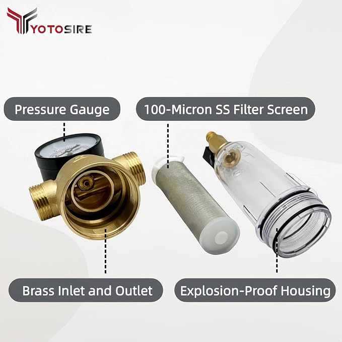 Spin Down Sediment Water Filter System with Pressure Gauge, 100 Micron Stainless Steel filter Mesh Pre-Filter for City/Well Water, 1" MNPT & 3/4" FNPT/MNPT Ports, Easy Backwash Cleaning