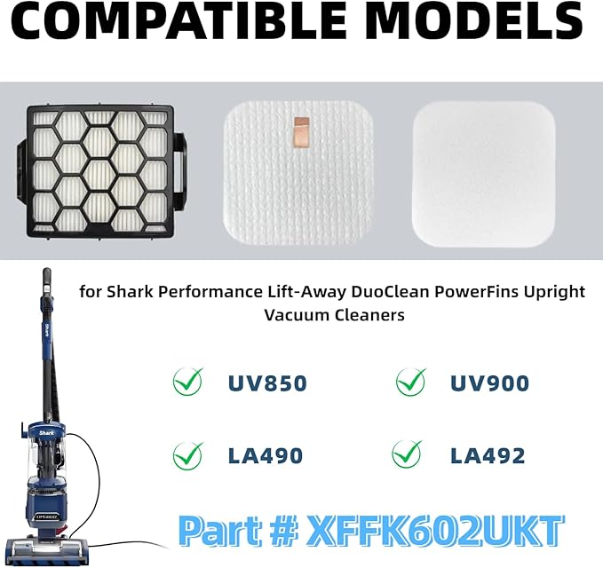 UV850 UV900 Filter Replacement for Shark Performance Lift-Away DuoClean PowerFins Upright Vacuum Cleaners Part # XFFK602UKT HEPA & Foam & Felt Filter Set for Pet Hair, Dirt, Dust