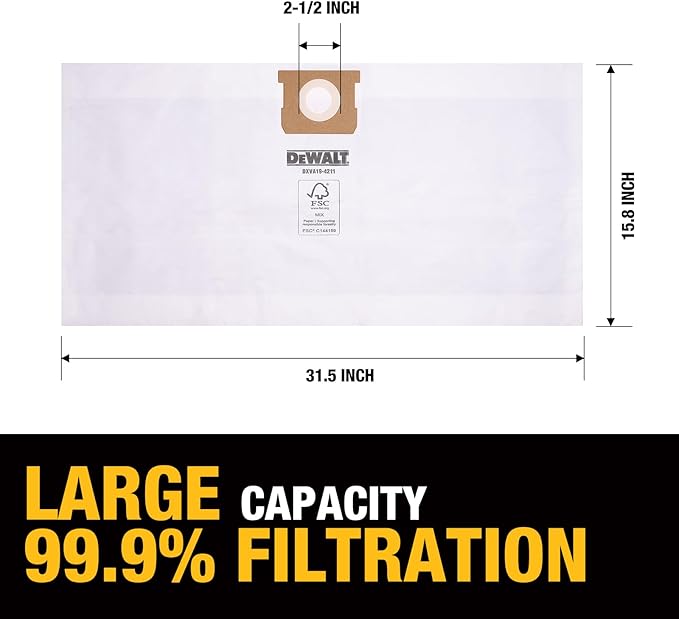 DEWALT Shop Vac Filter & Bag Kit, High Efficiency HEPA Replacement Cartidge, 3 Pack Fine Dust Bags & Power Tools Adapter, for Shop Vacuum Wet and Dry