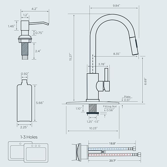 FORIOUS Brushed Nickel Kitchen Faucet with Soap Dispenser, High Arc Modern Sink Faucet with Pull Down Sprayer and Deck Plate, Stainless Steel Fit for 1 or 3 Hole for Pot Filler Bar Rv