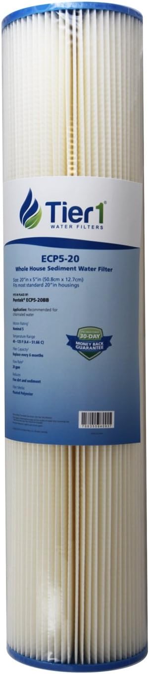 Tier1 5 Micron 20x4.5 Water Filter | Pleated Polyester Whole House Sediment Cartridge | Replacement for Pentek ECP5-20BB, 255494-43, 4PAY5 | Fine Sediment Control | 4.5 x 20 Water Filter