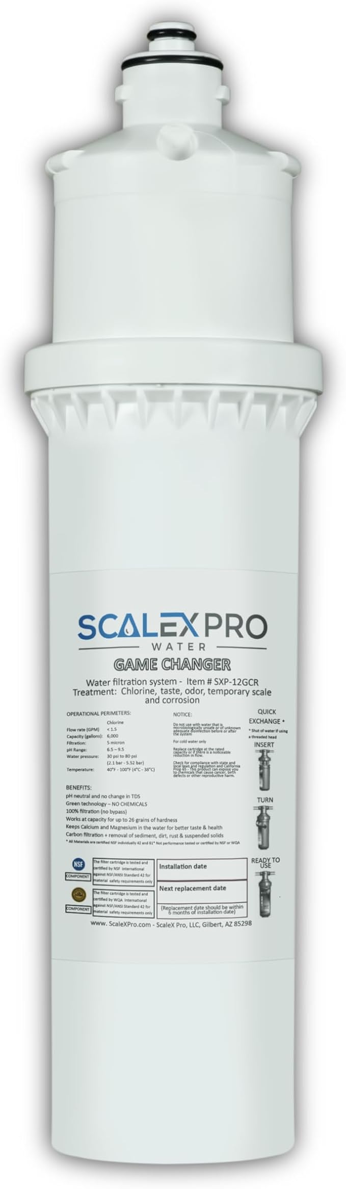 Game Changer 12” Hard Water Scale Prevention Filter – Salt-Free NAC Technology Prevents Scale Up to 26 Grains, Removes Chlorine & Other Common Municipal Water Chemicals, 6,000 Gallons