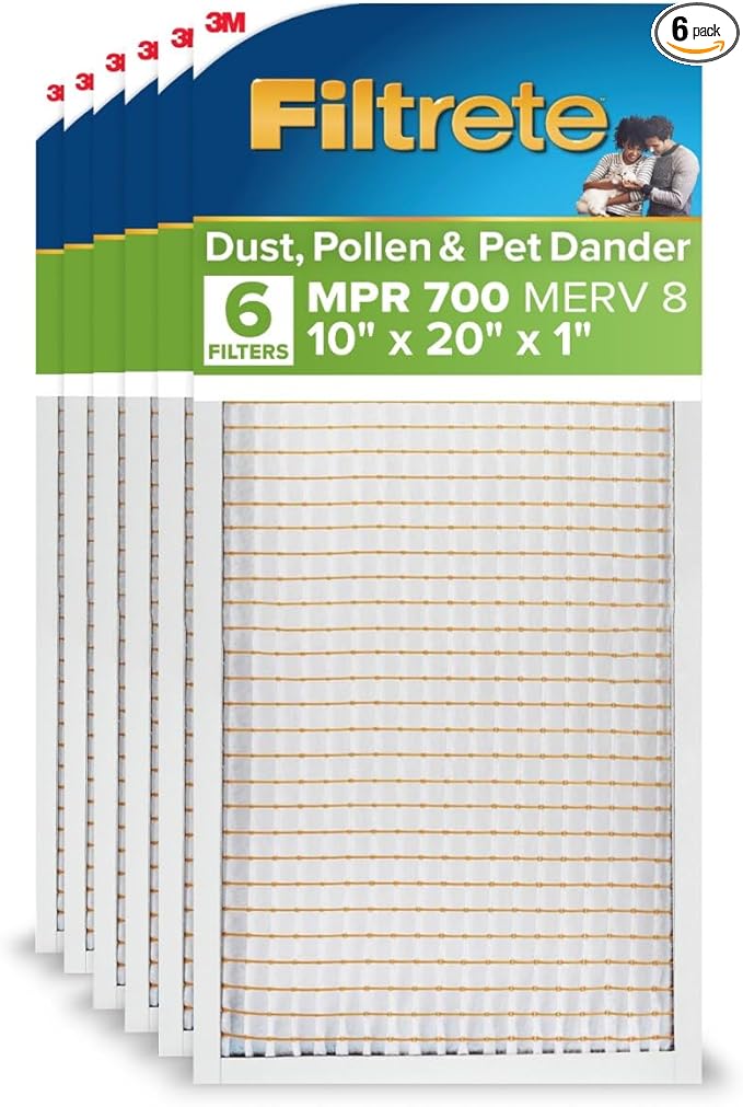Filtrete 10x20x1 AC Furnace Air Filter, MPR 700, MERV 8, Tough on Pollen, Easy on Airflow, 3-Month Pleated 1-Inch Electrostatic Air Cleaning Filter, 6-Pack (Actual Size 9.81 x 19.81 x 0.81 in)