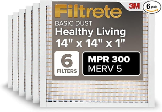 Filtrete 14x14x1 Air Filter MERV 5, 6-Pack AC Furnace Filters for Home HVAC, MPR 300 Basic Dust Defense, Removes Lint & Household Dust, 3-Month Pleated Electrostatic (Actual Size 13.81x13.81x0.81 in)