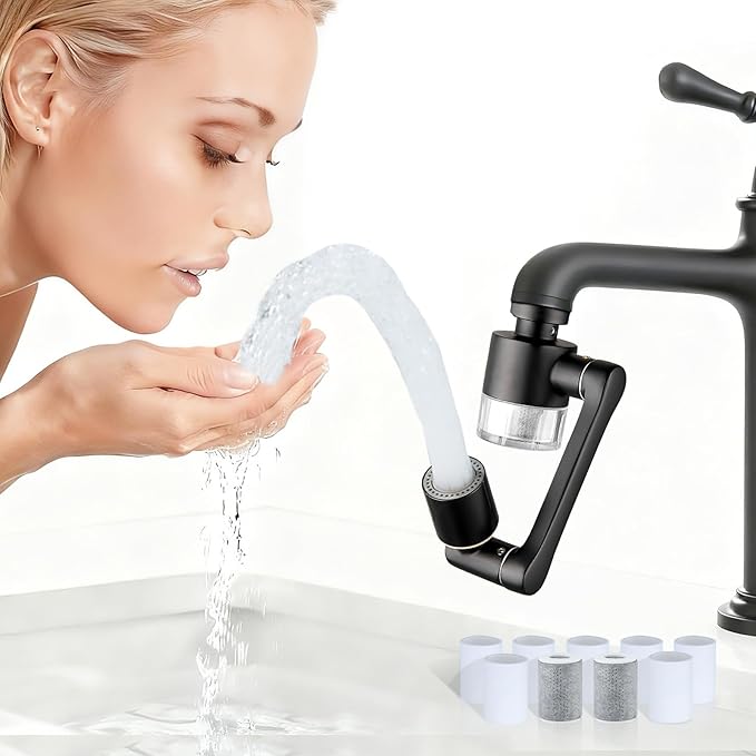 Water Filter for Sink Faucet Extender Aerator,Brass 1080°Rotatable Faucet Aerator,2 Modes Spray Attachment for kitchen/Bathroom,9pcs Cartridges Reduce Chlorine Matte Black