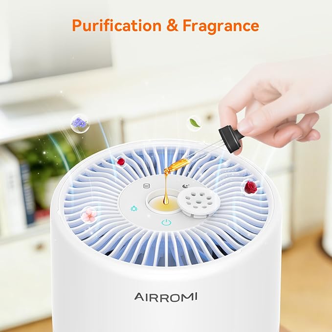 AIRROMI Pets Air Purifier for Home Allergies,Up to 660 ft². HEPA Deodorizing Activated Carbon Filter,With Fragrance Sponge for Better Sleep,Night Light,Pet Dander,Smoke,Odors,Air Cleaner A2002 White