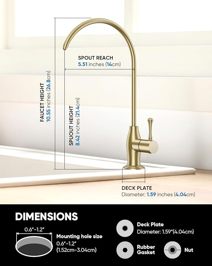 WEWE Vintage Drinking Water Faucet, Lead-Free Stainless Steel Kitchen Water Filter Faucet for Reverse Osmosis System, Non-Air Gap RO Beverage Faucet, Gold