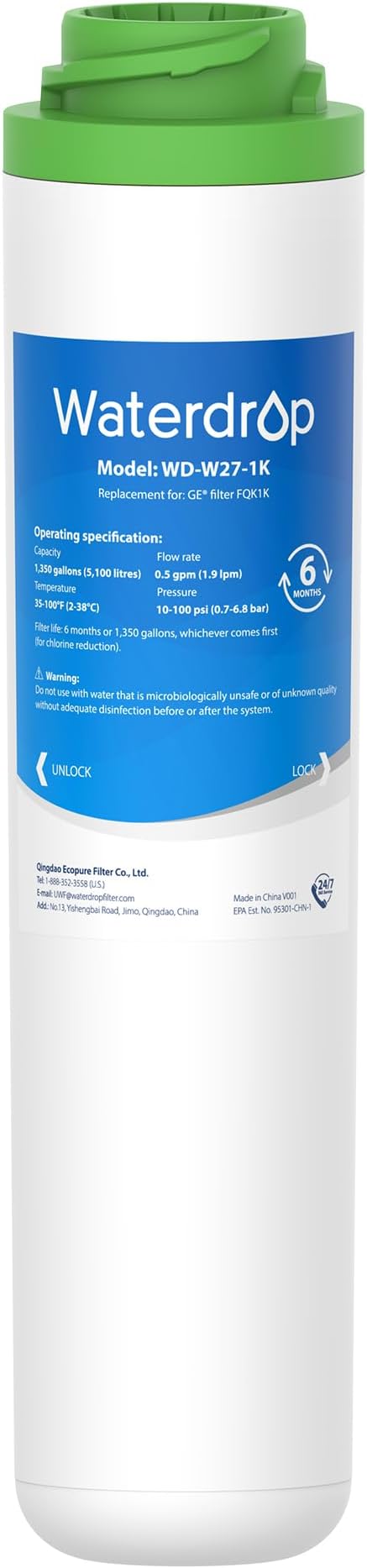Waterdrop FQK1K Under Sink Water Filter, Replacement for GE FQK1K, FQK2J, GXK185K and GX1S50R, Reduces Chlorine, Taste&Odor for Purer Water, 1350 Gallons (Pack of 1)