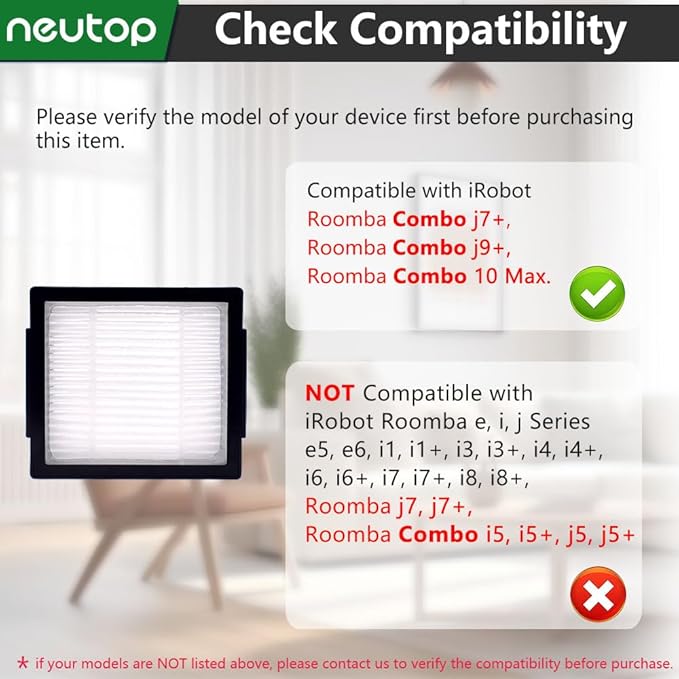 Neutop Filter Compatible with iRobot Roomba Combo j7+, Combo j9+, 10 Max, Robotic Vacuum and Mop Replacement Filter Parts, High-Effiency HEPA, 6-Pack