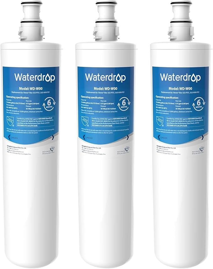 Waterdrop 3US-MAX-F01 Replacement Filter, 3US-PF01 Water Filter, Replacement for Filtrete® 3US-PF01, Maximum 3US-MAX-F01, 3US-PS01, 3US-MAX-S01, Manitowoc K-00338, NSF/ANSI 42 Certified, Pack of 3