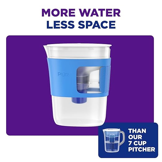 PUR Slim Water Filter Pitcher, 8-Cup Capacity, Compact Design for Dorms & Mini Fridges, Dishwasher Safe, Fast Filtration, Includes 1 Filter, Cleaner Great-Tasting Drinking Water Filtration, Tangerine