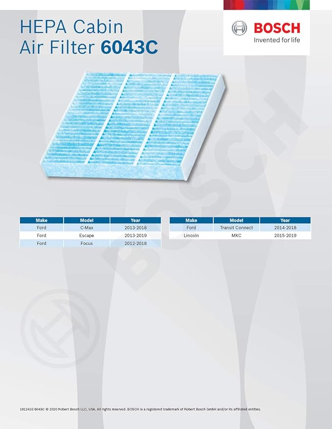 BOSCH 6043C HEPA Cabin Air Filter - Compatible with Select Ford C-Max, Escape, Focus, GT, Transit Connect; Lincoln MKC
