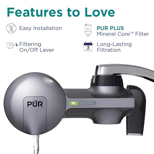 PUR Plus Horizontal Faucet Mount Filtration System with 3-in-1 Lead Reducing Filter, Water Filter for Sink, Lasts 100 Gallons, Compatible with Sinks with External Aerators, Metallic Grey
