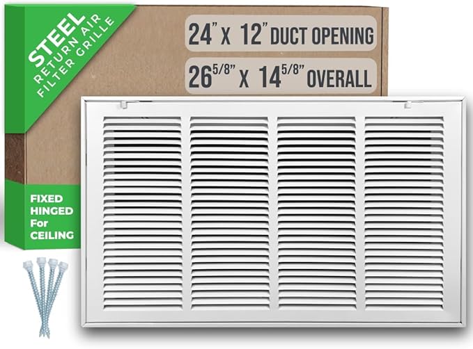 Fits 24x12 Duct Opening | Steel Return Air Filter Grille by Handua [Fixed Hinged] for 1-inch Filters | Vent Cover Grill for Sidewall and Ceiling | White | Outer Dimensions: 26 5/8"W X 14 5/8"H