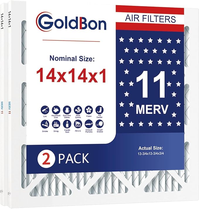 14x14x1 Air Filter 2 Pack MERV 11 MPR 1000 FPR 7- GoldBon AC Filter USA Design- Electrostatic Pleated Air Conditioner HVAC AC Furnace Filters for Pollen, Smoke,Pet Dander