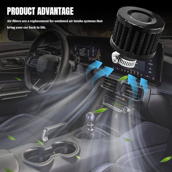 2PCS Breather Filter, Air Intake Filter, 12mm Auto Air Filter Vent Crankcase Breather with Adjustable Clamp, Universal Car Accessory Valve Cover Breather Fit for Car and Motorcycle (Black)