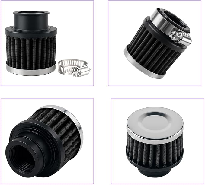 Car Air Intake Filter, 1" 25mm Inlet Valve Cold Air Intake Filter Cleaner with Adjustable Clamp, Hight Flow Performance Auto Crankcase Breather Filter Replacement, Universal Fit (Black)