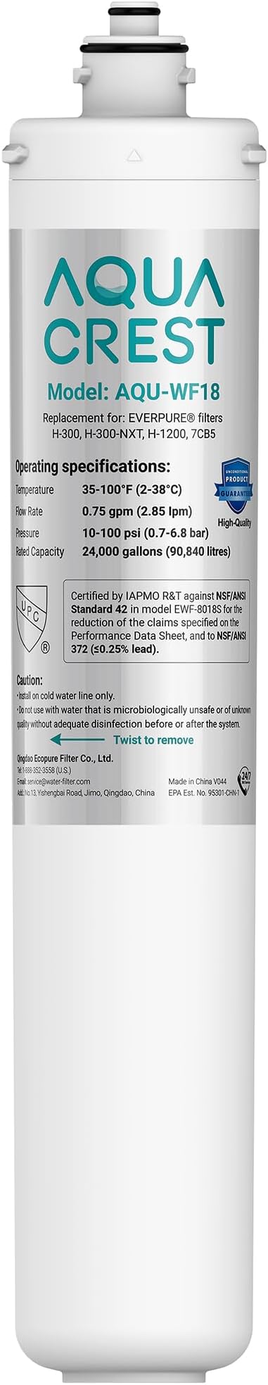 AQUACREST H-300 Under Sink Water Filter, Replacement Cartridge for Everpure H-300, H-300-NXT, 7CB5, EV9270-71, EV9270-72, EV9618-11, EV9855-50, EV9282-01, 24K Gallons, NSF/ANSI 42 Certified, 1 Pack