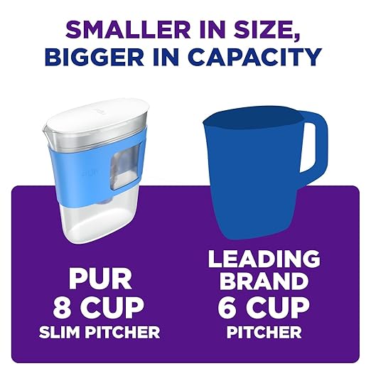 PUR Slim Water Filter Pitcher, 8-Cup Capacity, Compact Design for Dorms & Mini Fridges, Dishwasher Safe, Fast Filtration, Includes 1 Filter, Cleaner Great-Tasting Drinking Water Filtration, Tangerine